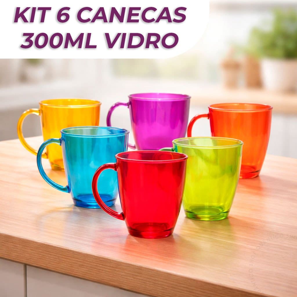 Jogo 6 Canecas de Vidro Coloridas 350ml de Luxo Criativo Natal Lembrancinha Café Chocolate