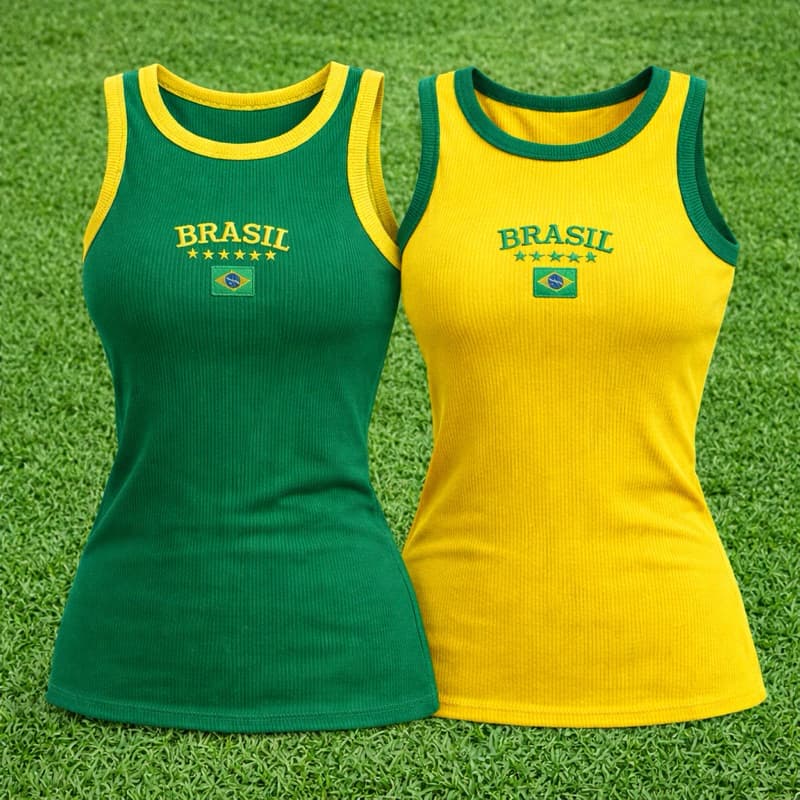 kit com Duas regatas femininas tecido canelado verde e amarelo, copa do mundo ajustado no corpo valorizando a silhueta