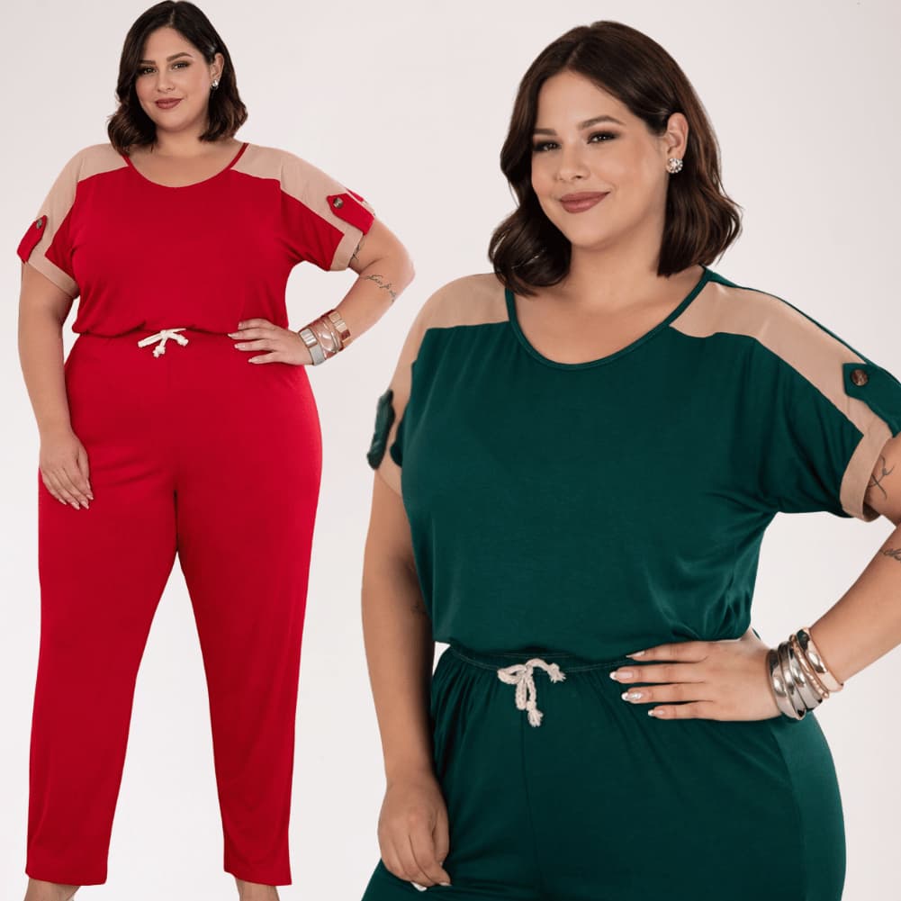 Conjunto Plus Size Feminino Longo Calça Pantalona Blusa Manga Curta Bicolor Confortável Casual Elegante