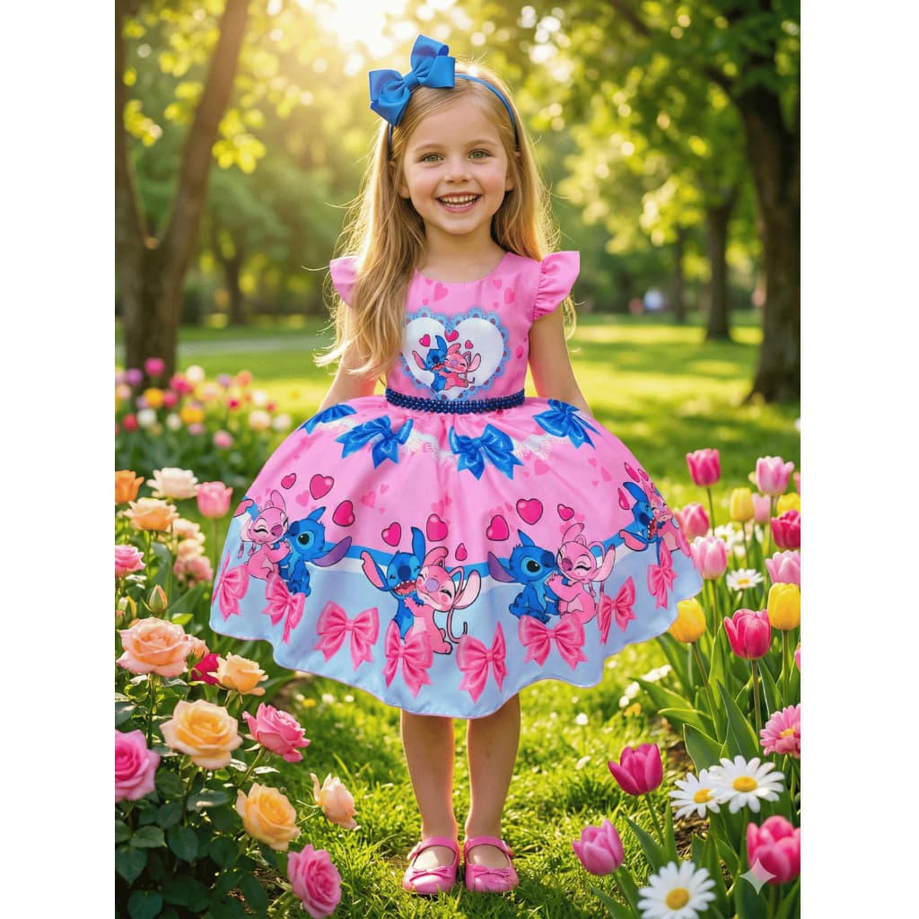 Vestido Infantil Stitch e Angel Temático Festa Menina Rosa e Azul de 4 a 12 anos