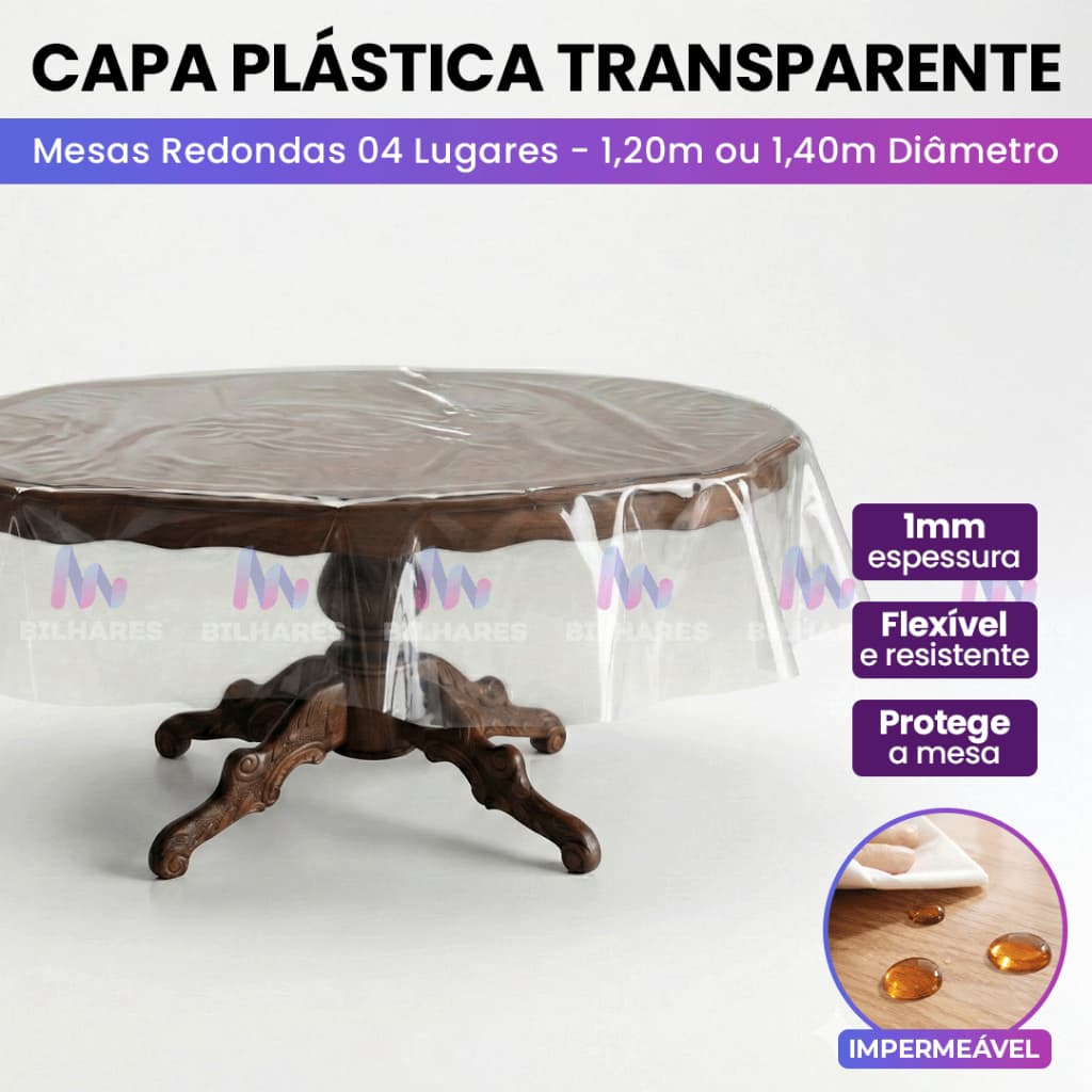 Toalha para Mesa de Jantar Redonda Forro PVC Transparente - Capa Vinil Plástica Fácil de Limpar Impermeável 4 Lugares