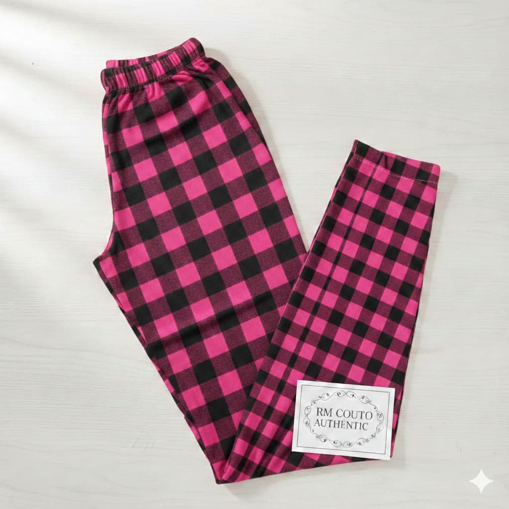 01 Un Calça Feminina Xadrez Preta e Rosa Pijama Poliéster