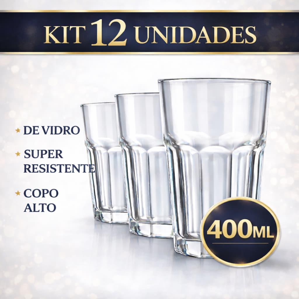 Kit 12 Copo De Vidro Resistente 400ml Para Suco Água Refrigerante