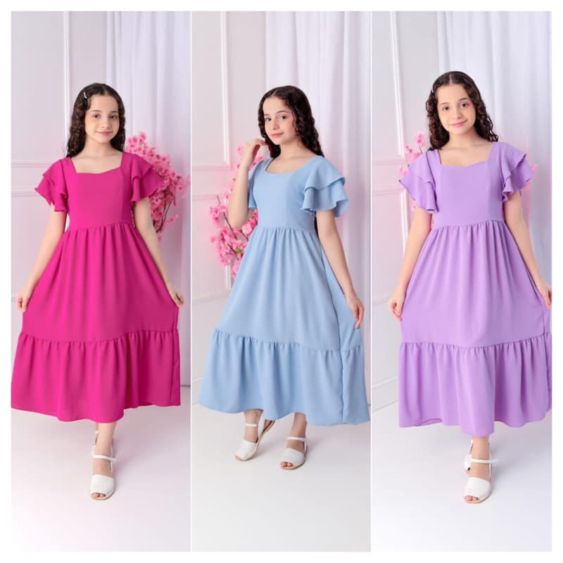 Vestido Longo menina Manga curta 2 babados liso Duna