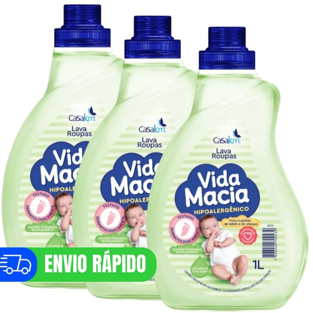 Kit 3 Lava Roupas de Bebê Vida Macia Sabão Liq. 1L Erva Doce