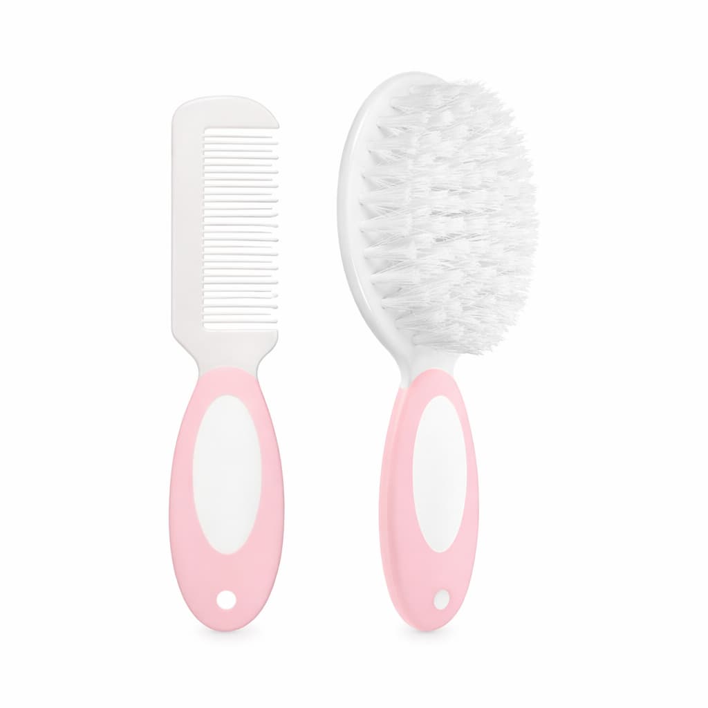 Kit Escova e Pende Rosa Menina Cuidado Higiene Cabelo Infantil Criança Bebê Cerda Macia 12643 Buba
