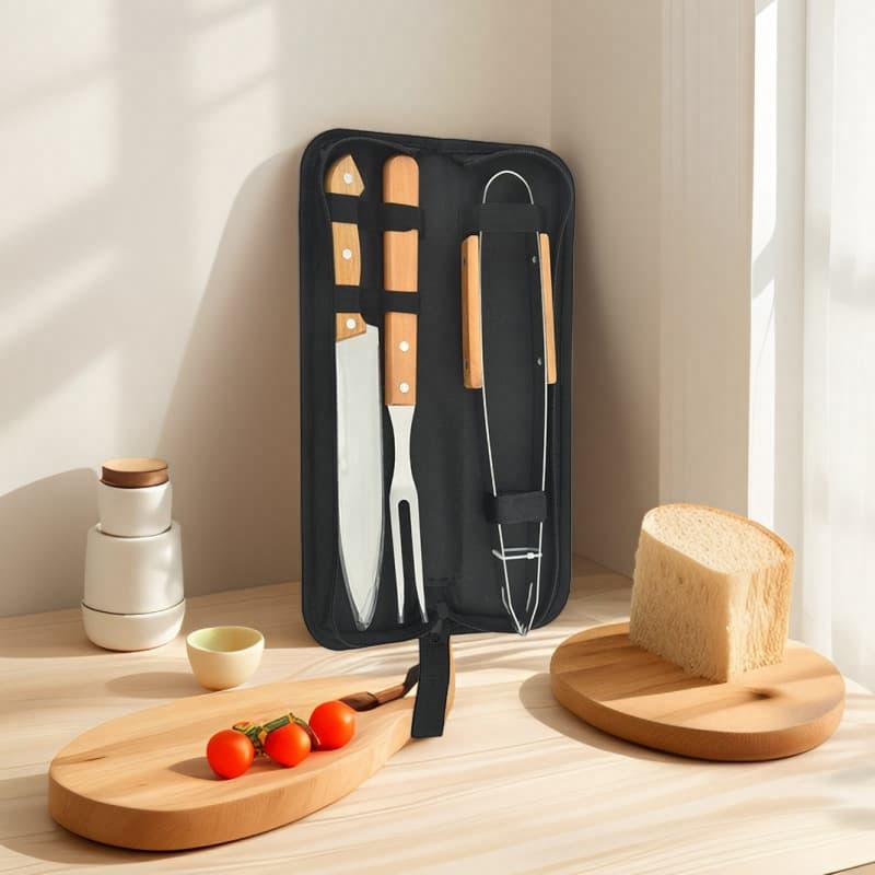 Kit de Churrasco 3 Peças em Aço Inox com Estojo，Ideal para Casa, Viagem, Camping e Churrasco ao Ar Livre