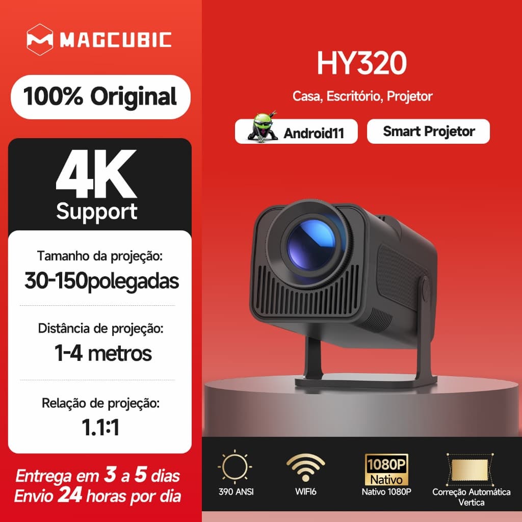 MAGCUBIC Projector HY320 390 ANSI 4K Dual Wifi6 BT5.0 Cinema Portátil Rotação de 180°