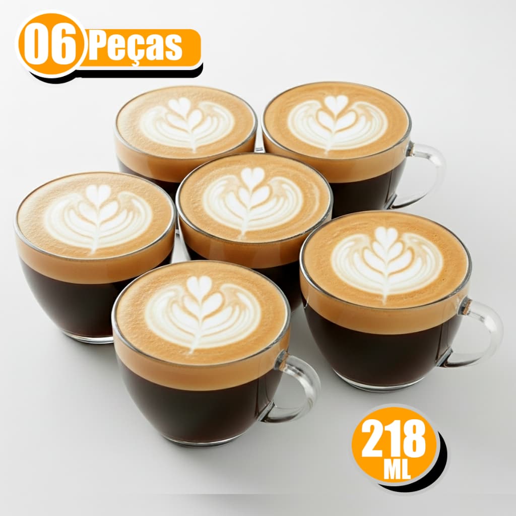Jogo de Xicara 6 Peças Xícaras 218ml PERA MODERNA Transparente Cristal Caneca Retro Vidro Cha Cafe