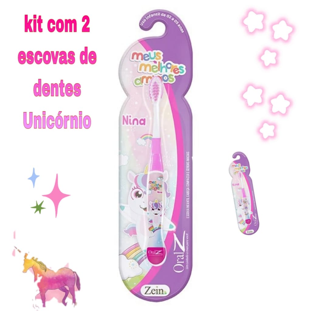 Kit 2 Escovas De Dentes Macia Infantil Criança Unicornio Rosa