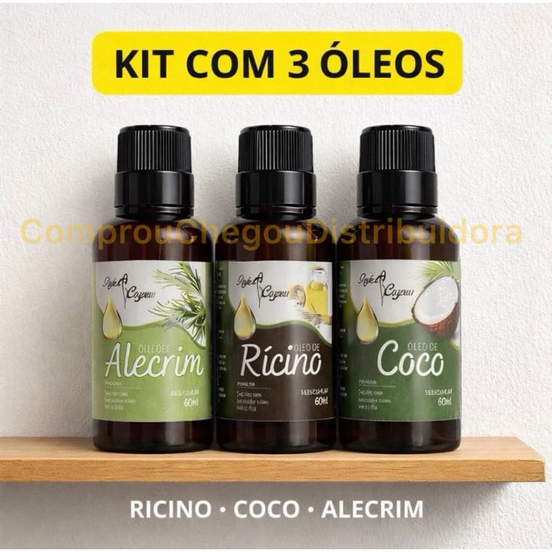 KIT 3 ÓLEOS 100% Puro Tratamento Cronograma Óleo de Coco + Rícino + Alecrim 60ml