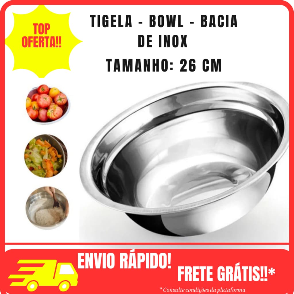 Tigela Bacia Bowl Redonda Aço Inox 26cm Saladeira Culinaria Vasilha Multiuso Cozinha Gourmet Pote para Pet