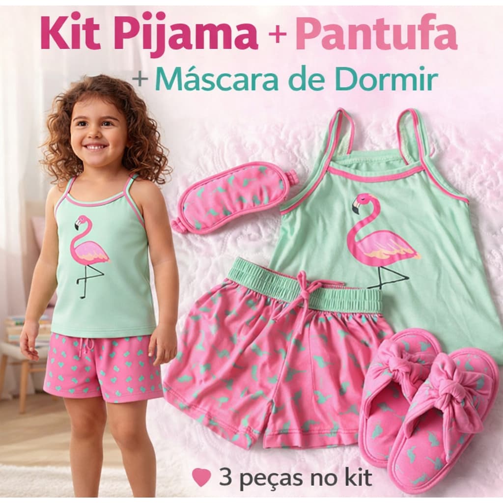 Kit Pijama Infantil com Pantufa e Máscara de Dormir | Baby Doll Verão Menina Estampado Confortável e Fofo