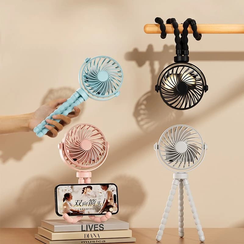 Mini Ventilador Portátil USB Recarregável Silencioso Suporte Flexível Carrinho de Bebê Mesa Octopus