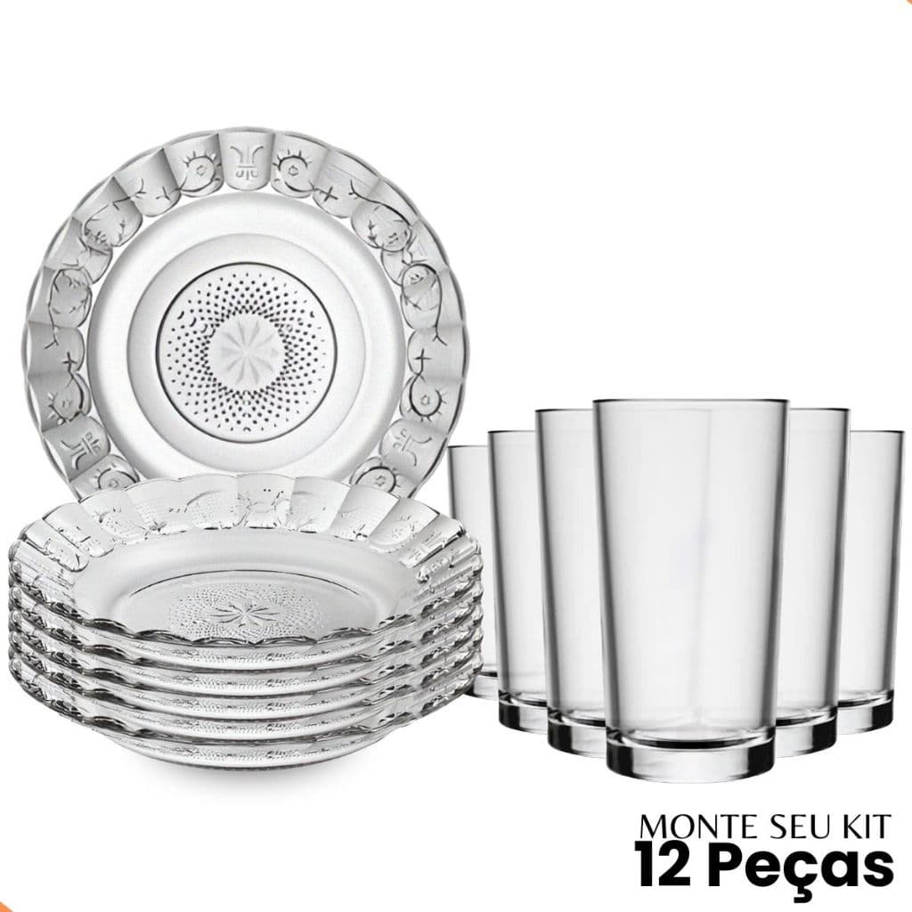 Jogo De Pratos Fundos E Copos 12 Peças Aparelho De Jantar Em Vidro
