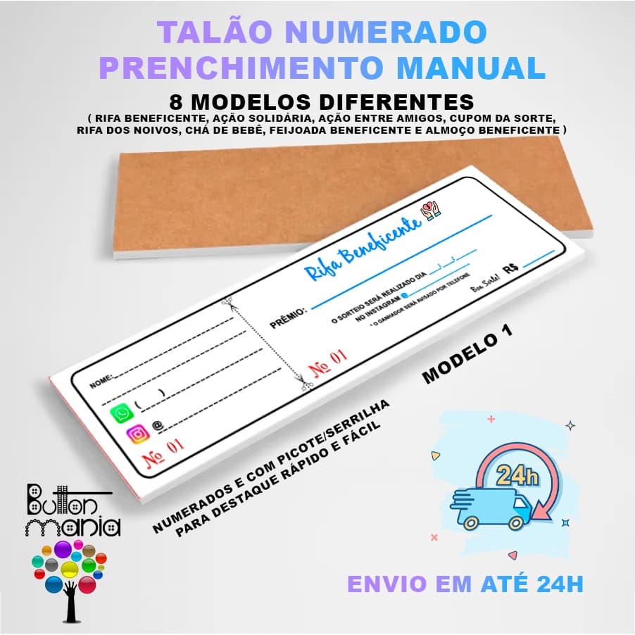 Bloco Talão de Rifa Preenchimento Manual, Ação entre Amigos, Beneficente-Canhoto Destacável 210x59mm