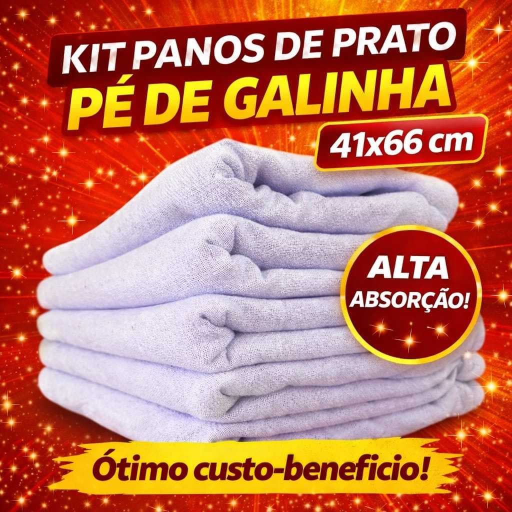 Kit 10 - Pano de Prato GRANDE Branco Liso Pé de Galinha - Com Bainha - 100% Algodão 41 x 66 cm