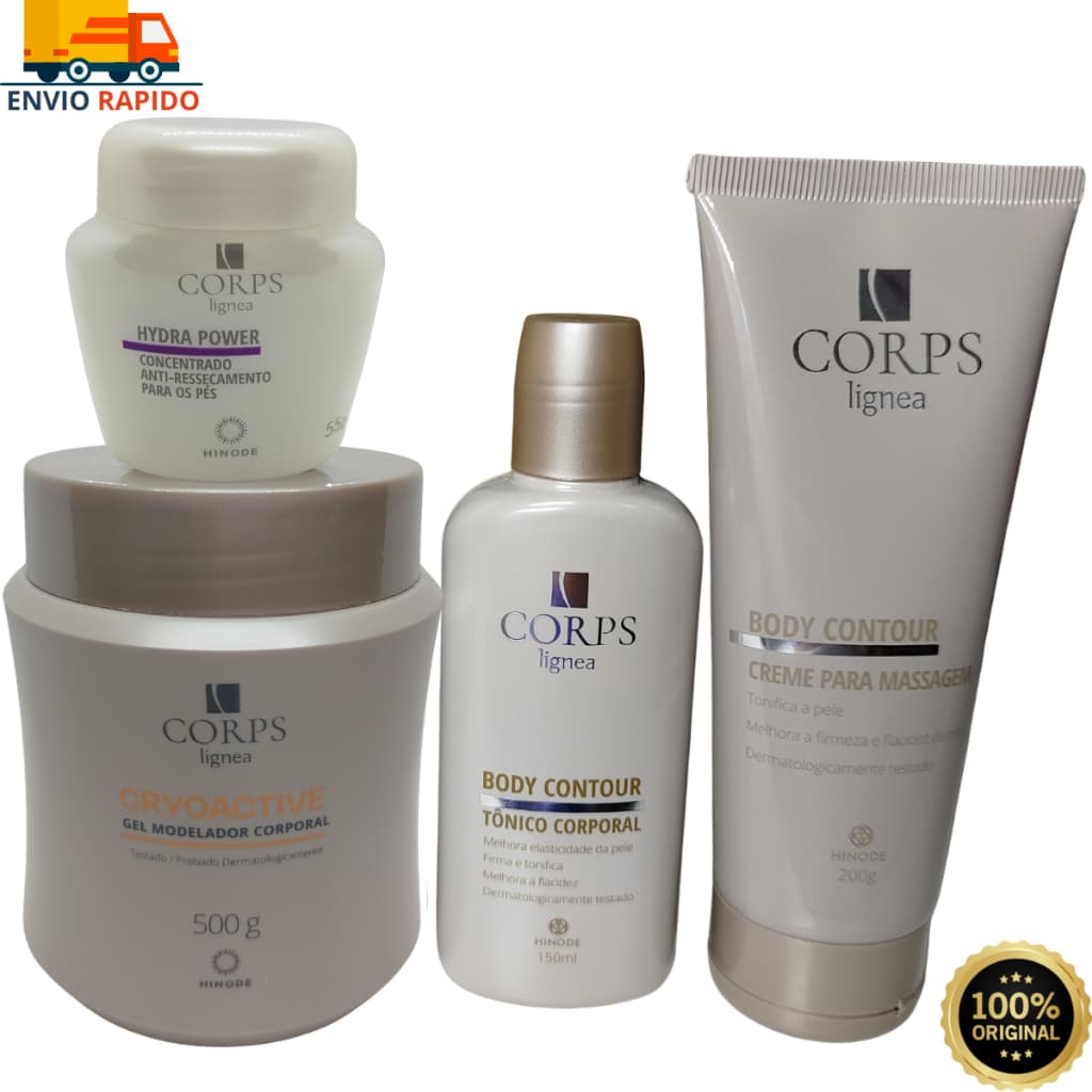 Creme para Massagem Profissional Hinode Corps Lignea 4 Itens Gel Modelador, Creme Massagem, Tônico e Hydra Power.