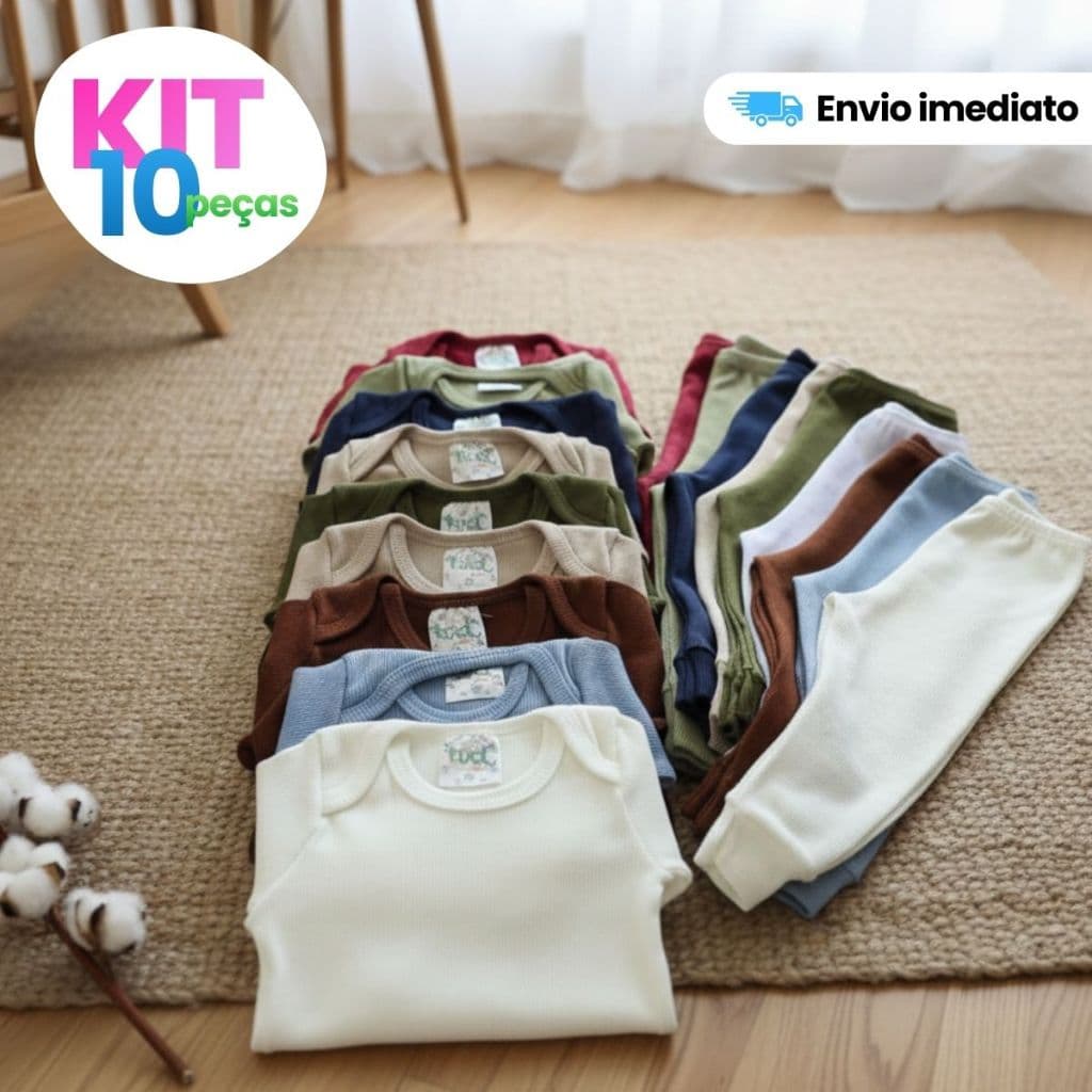 Kit 10 Peças Bebê Pagão body Mijão Liso Canelada Longo RN/P/M/G/GG Menina e Menino Canelado Conforto