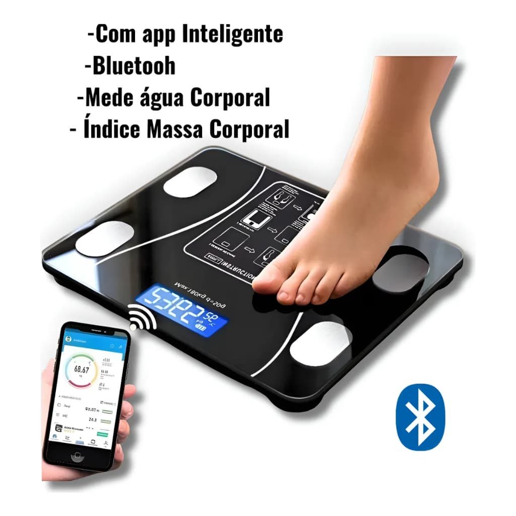 Balança Digital Corporal Vidro Preto Bioimpedância 180g Smart Profissional Mede IMC Bluetooth