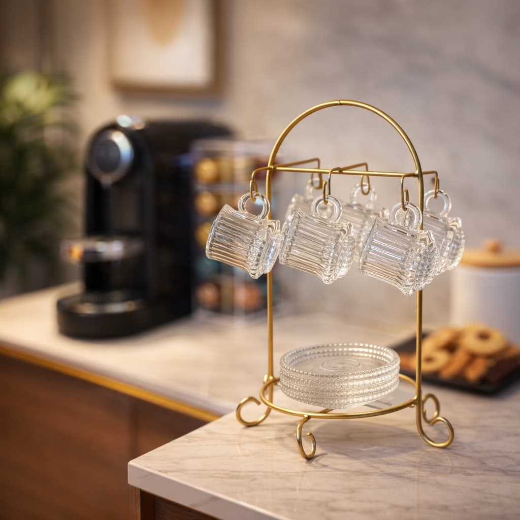 Organizador Porta Xícaras e Pires 6 Ganchos– Suporte de Mesa Moderno em Ferro Pintura Eletrostática