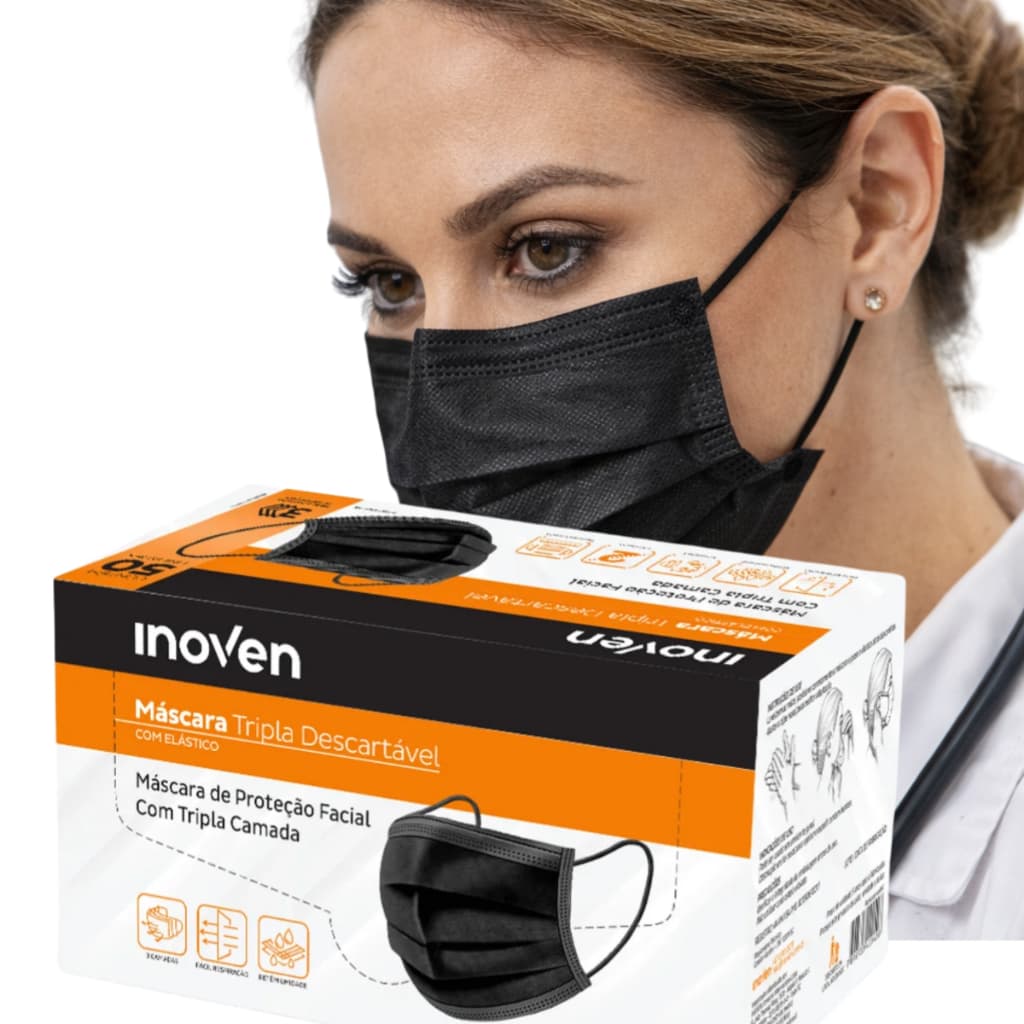 Máscara Preta Tripla Camada Alta Filtragem 50un Com Clipe Nasal