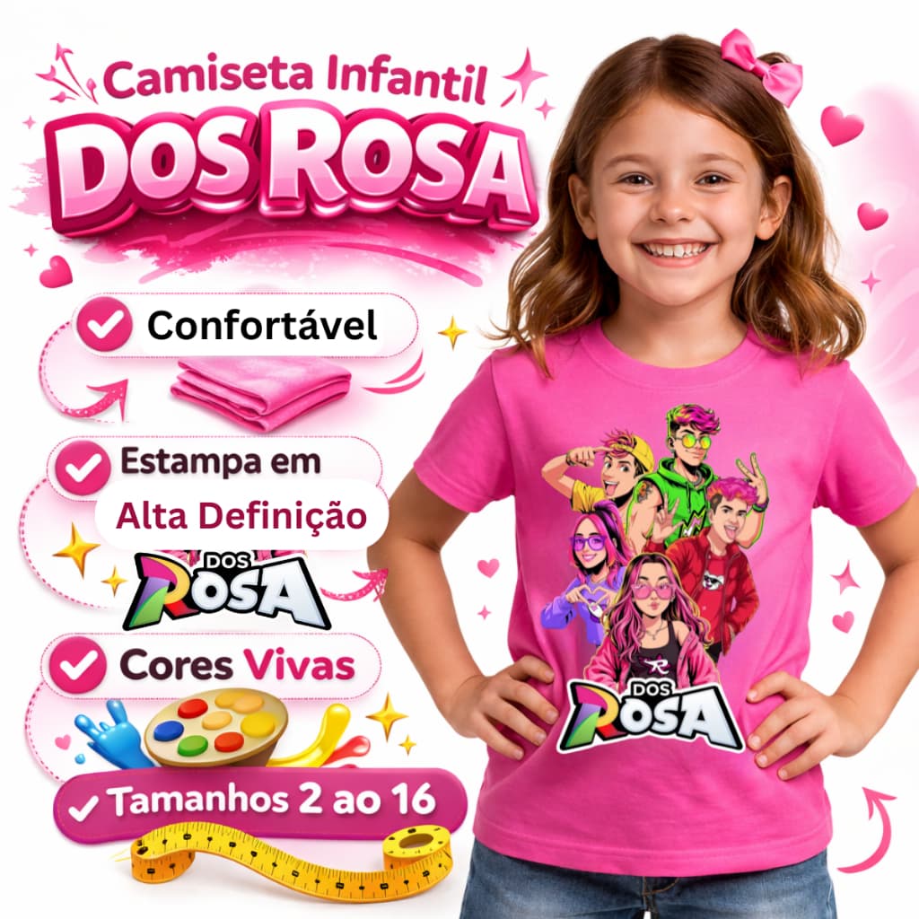 Camiseta Turma Dos Rosa Infantil Feminina Emilly Vick Katlen Leozin Robson Rato Void Grupo dos Rosas