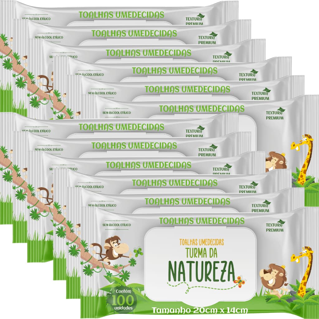 Kit C/12 Toalha Umedecida Turma da Natureza  100 Unidades Total 1200