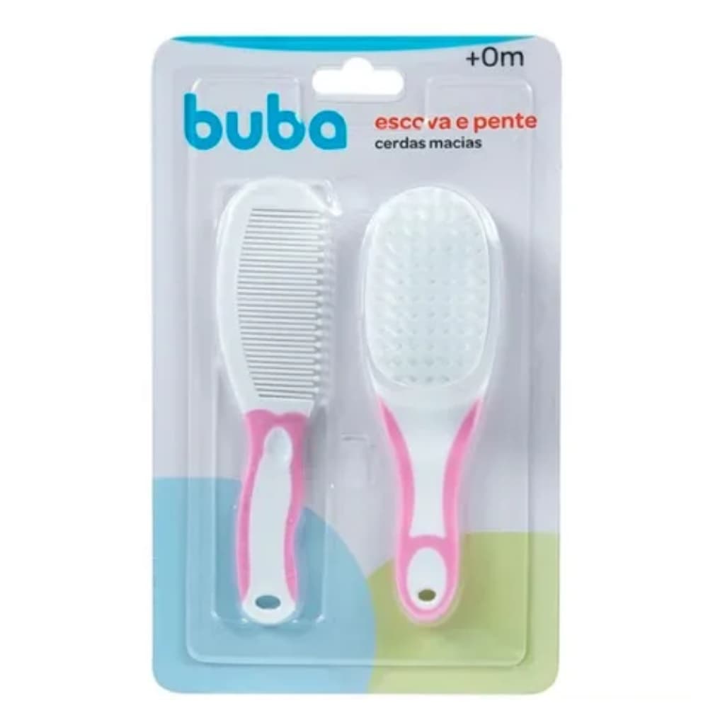 KIT ESCOVA E PENTE CERDAS MACIAS PARA BEBE BUBA ROSA +0M