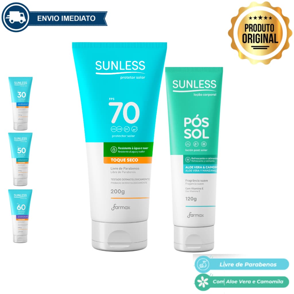 KIT PROTETOR SOLAR TOQUE SECO 200g + PÓS SOL ALOE VERA E CAMOMILA SUNLESS 120g ENVIO IMEDIATO
