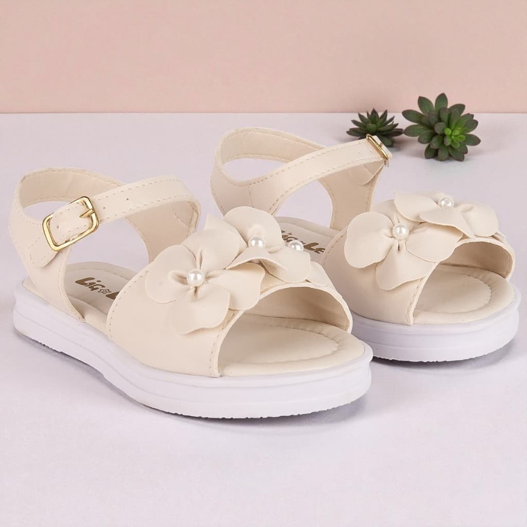 Sandália Infantil Menina Com Enfeite Flor Pérolas Confortável Delicada Fivela Passeio Festas
