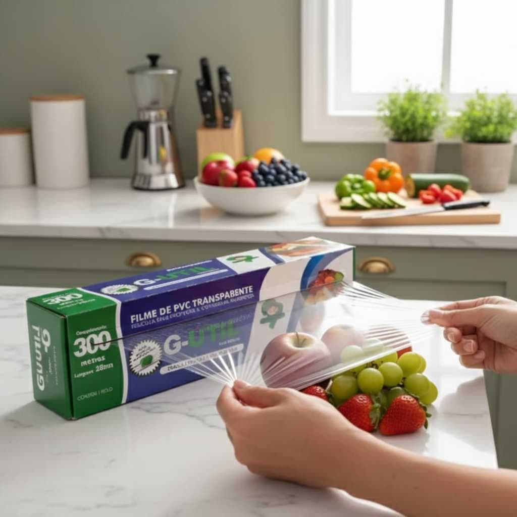 Filme Pvc 28cm X 300 Metros - Plástico Filme de Pvc com Trilho Cortador - COM LÂMINA DE CORTE