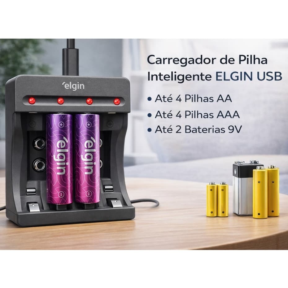Carregador de Pilhas 4xAA ou 4xAAA e 2x Bateria 9v  Elgin - Com 2 Pilhas Recarregáveis AA