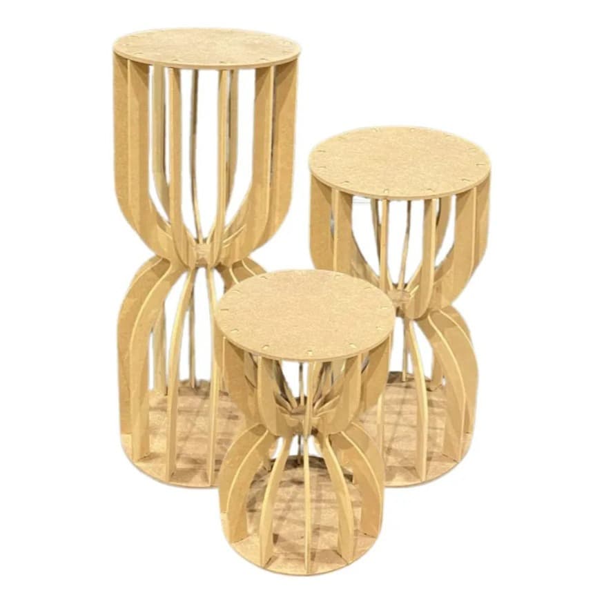 Trio De Mesa Redondo Madeira Mdf Cru Ampulheta Decoração
