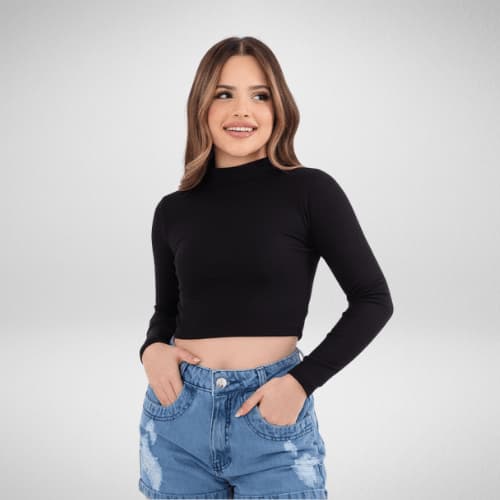 Cropped Manga Longa Juvenil Inverno Gola Alta Feminino 12 Anos