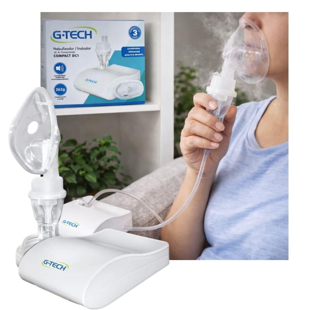 Nebulizador Inalador G-Tech Compact DC1 Ar Comprimido Silencioso Adulto Infantil Asma Bronquite 3 Anos Garantia