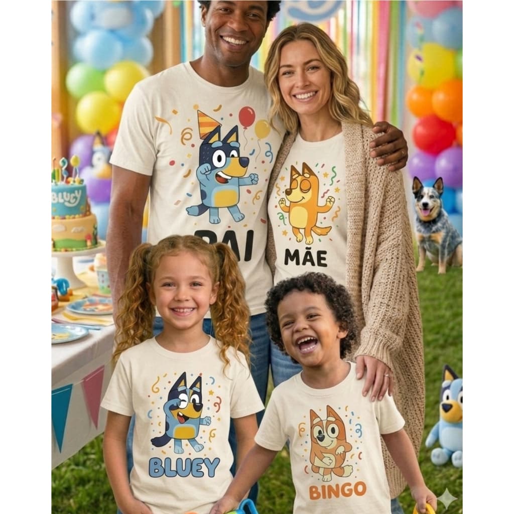 Camiseta infantil família cachorrinho BLUEY ANIVERSARIO OFF WHITE blusa desenho blue promoção