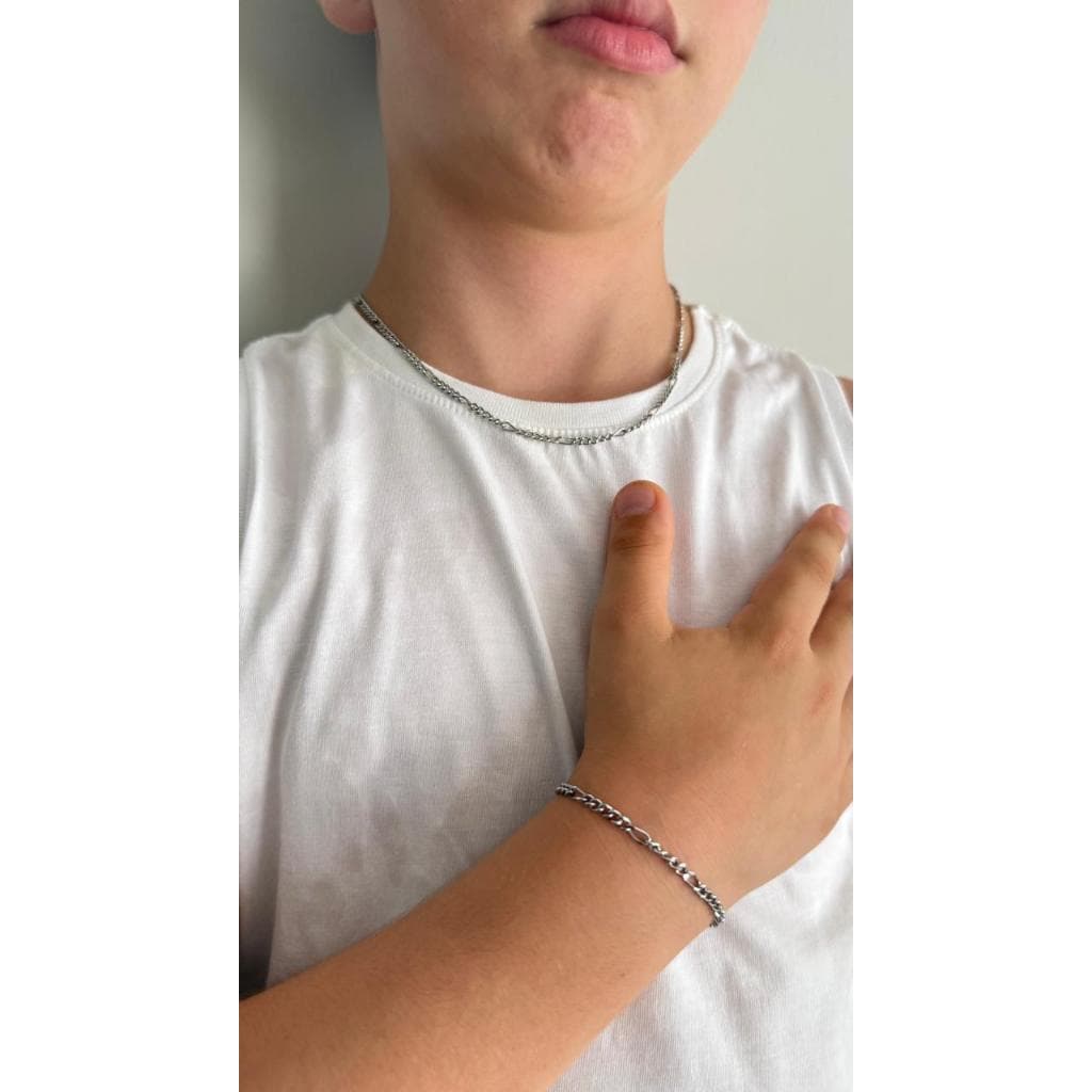Kit Corrente e Pulseira Infantil Fígaro 5x1 3mm Aço Inoxidável Prata
