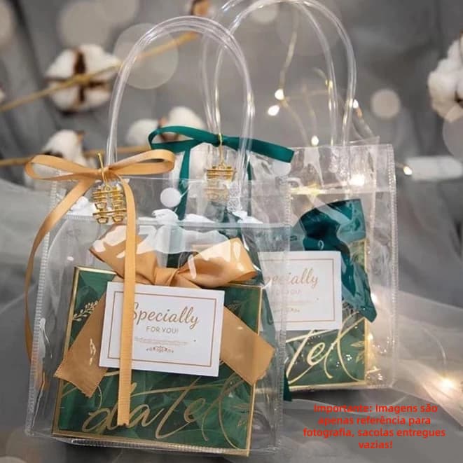Kit Com 5/10/20 Sacola PVC Transparente com Alça e Botão Tamanho Variação - Ideal para Brindes, Festas e Casamentos.