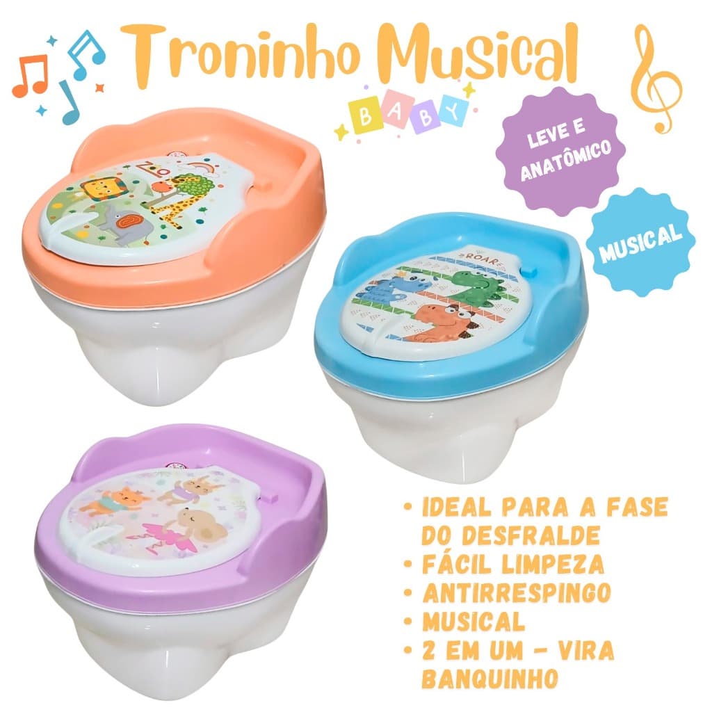 Penico Troninho Infantil Desfralde Musical Azul - Lilas - Laranja 2x1 Criança Bebê Menino ou Menina