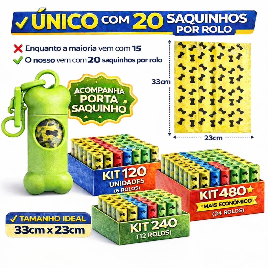 Kit 120/240/480 Uns de Saquinhos Cata Rolinho Para Cachorro Gato Pet para passeio e viagem Ganhe Suporte Porta Rolos