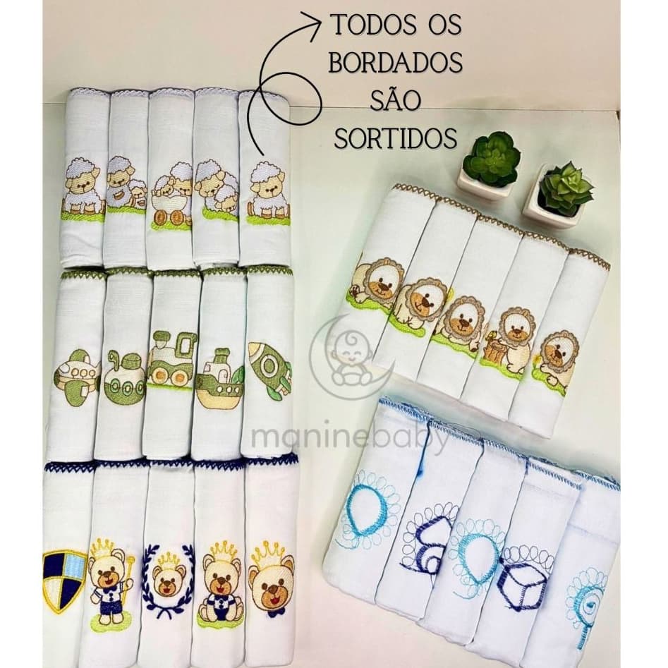 Kit Fralda de Pano Bordada para Bebê com 5 unidades 100% Algodão Menino