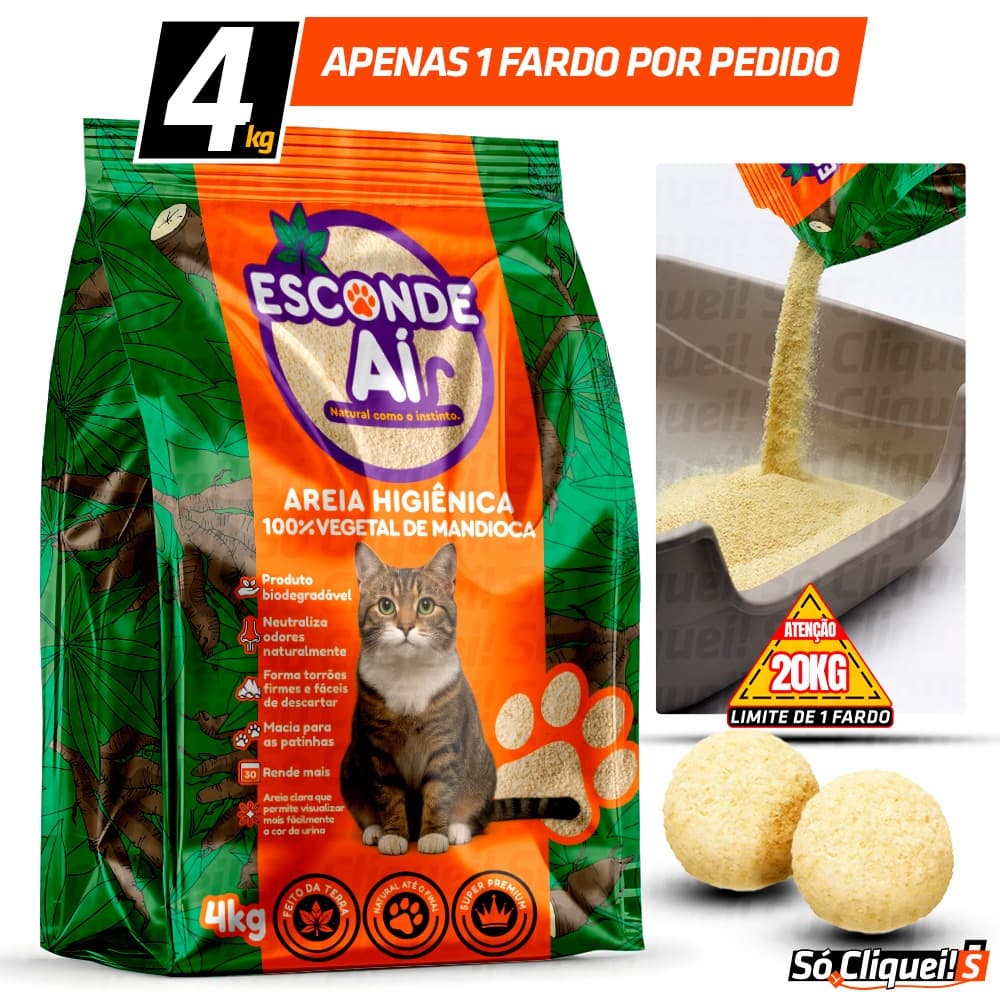 Areia de Mandioca Esconde Aí 4KG Grãos Finos Granulado Sanitário Biodegradável Com Alta Absorção e Forma Torrões Firmes