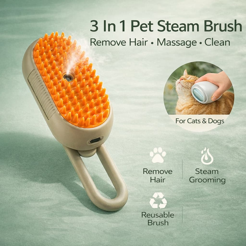 Escova Pet 3 em 1 a Vapor para Gatos e Cães Removedor de Pelos Massageador Elétrico
