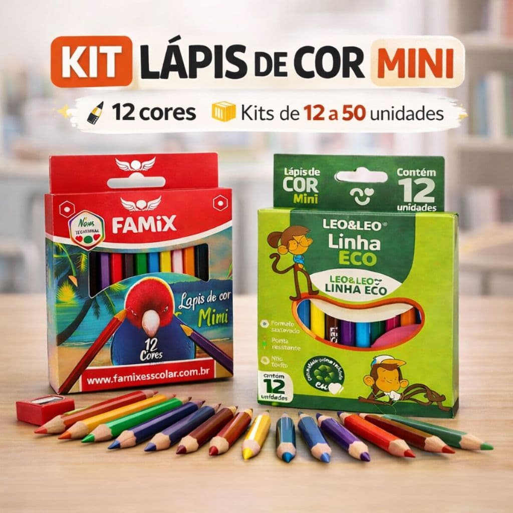 Kit Combo Lápis de Cor Pequeno Mini 12 Cores 8,5cm Alt x 9cm Largura