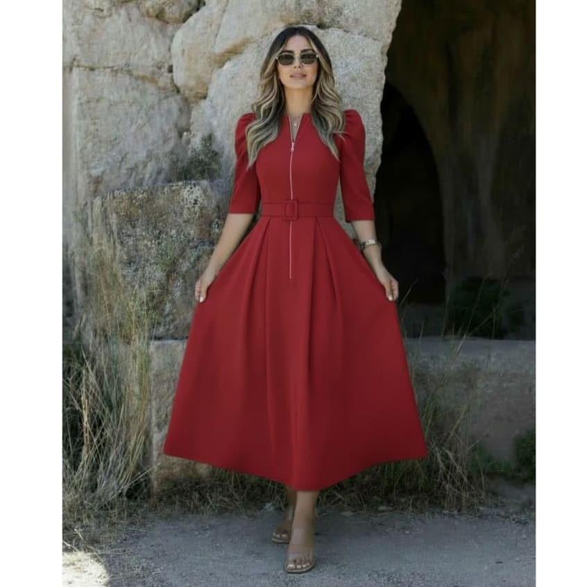 Vestido super midi no crepe alfaiataria, zíper na frente, essencial para amamentação com bolso, cinto do mesmo tecido