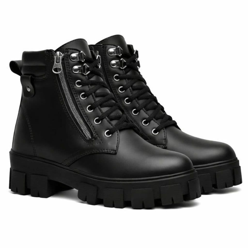 Bota Tratorada Feminina Zíper Lateral Sola Alta Cano Baixo Coturno Blogueira Moda Confortável