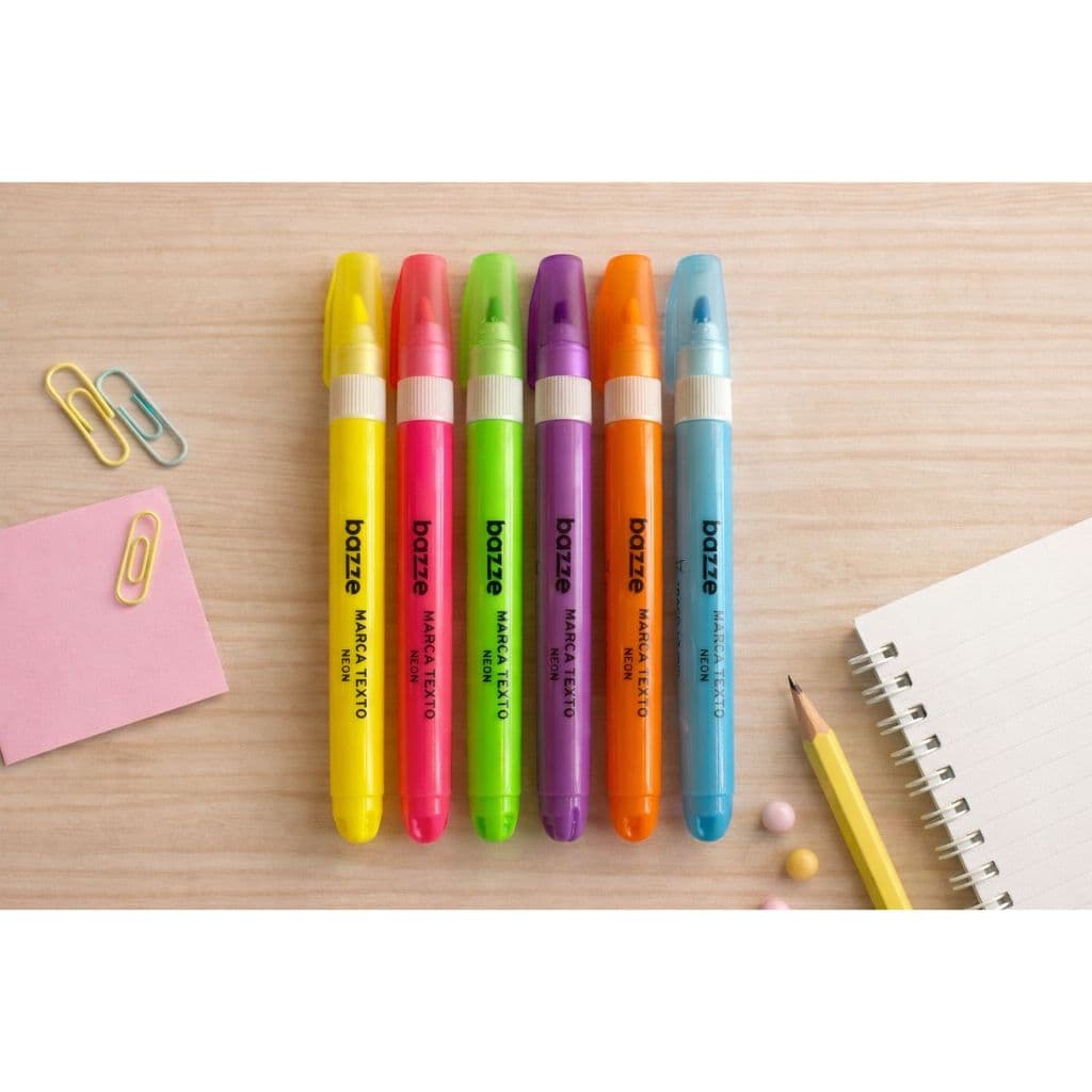 Marca Texto Neon Bazze – Marcador de Texto Neon Escolar Cores Vibrantes Kit com 6 cores