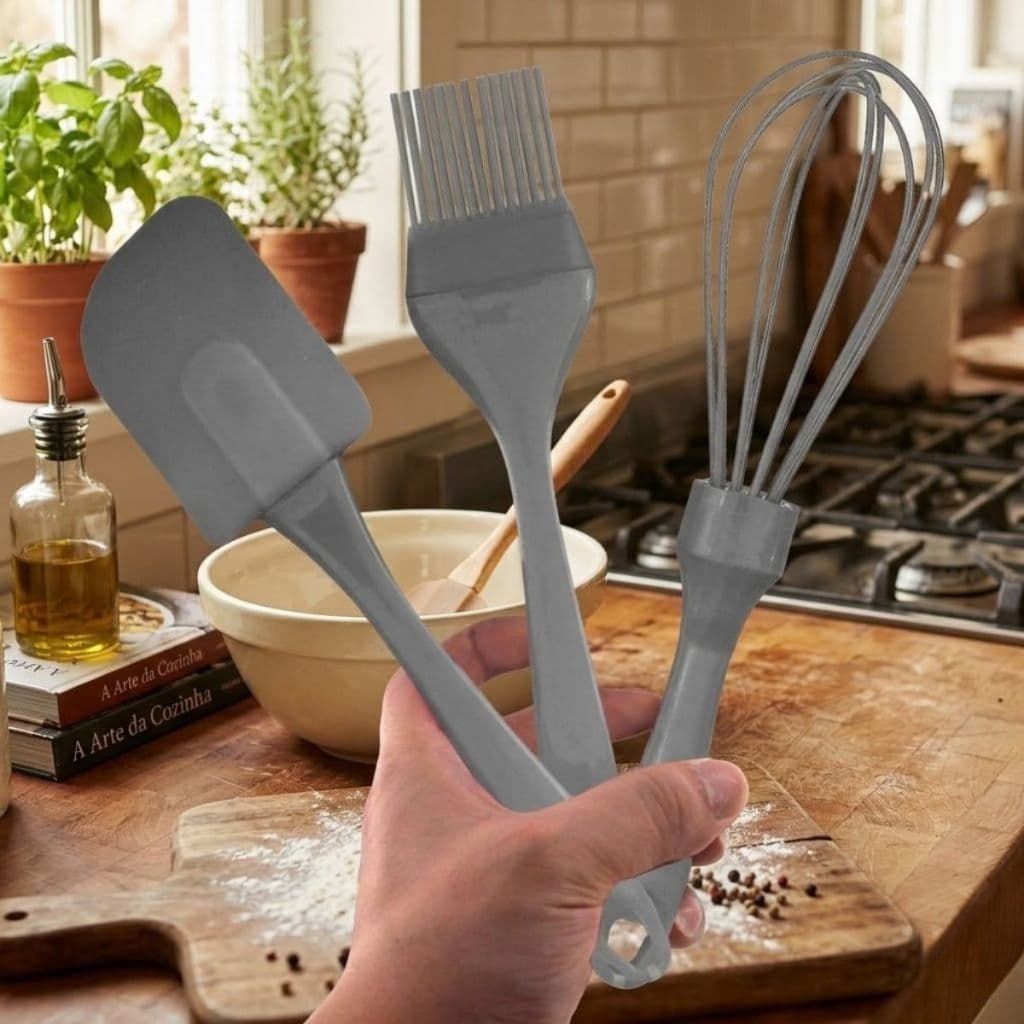 Kit Confeiteiro Silicone 3 Peças Profissional Fue Batedor Espátula Pincel Culinário Jogo Utensílios Cozinha Bolo Pão