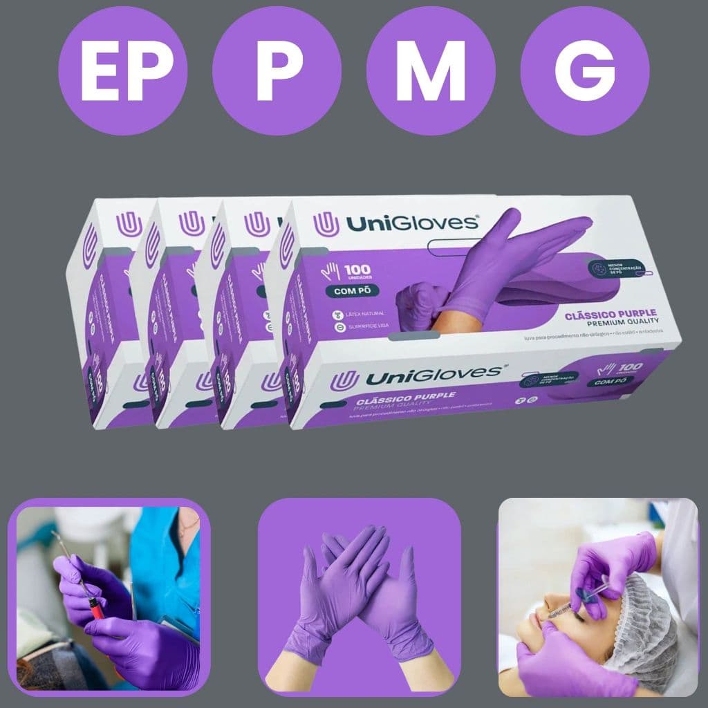 Luva Para Procedimentos Unigloves Clássico Purple Com Pó Látex Natural EP P M e G